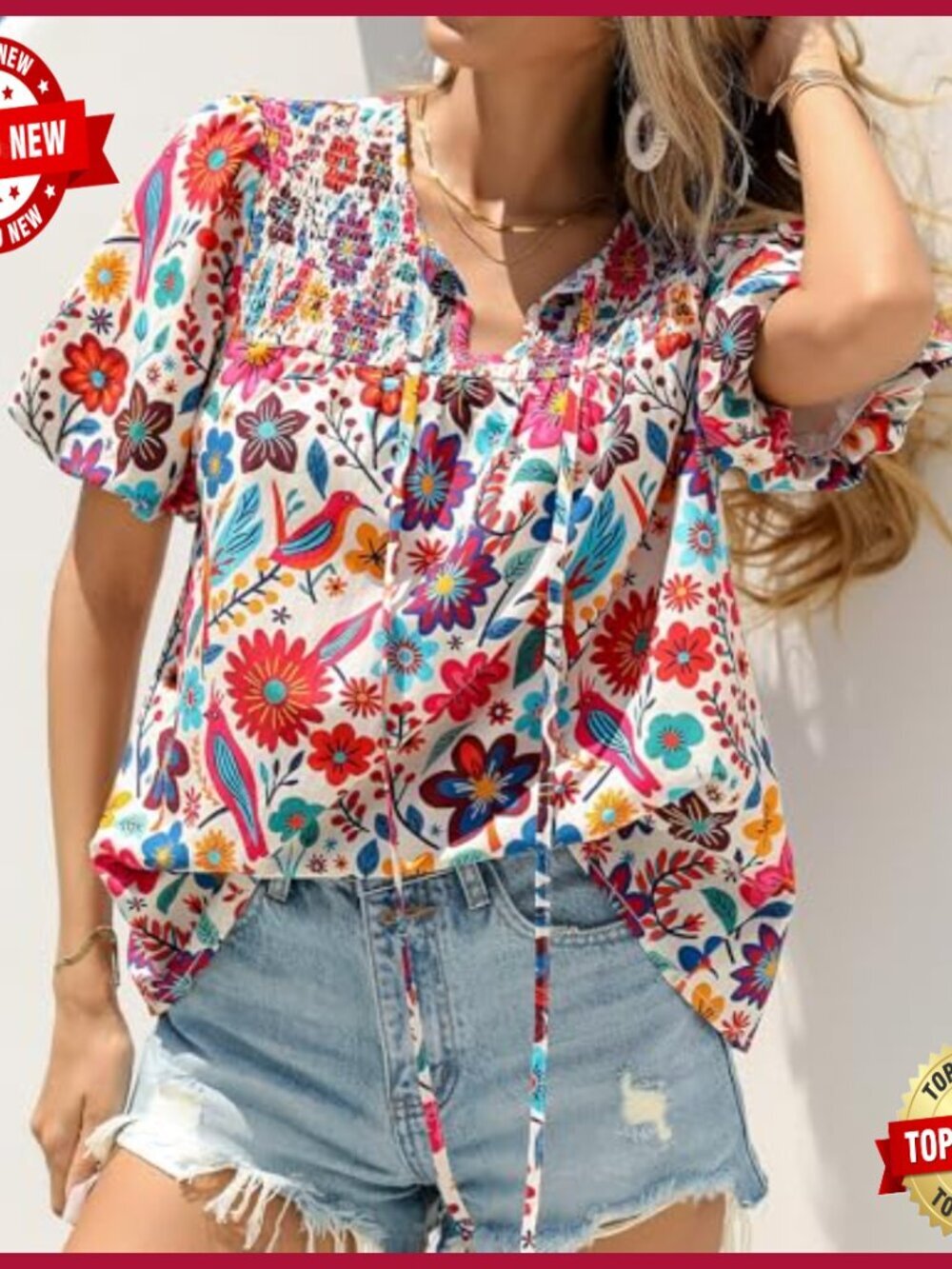 Floral V-Neck Blouse Drawstring Short Sleeve Boho Top Summer Casual - Picture 4 of 7